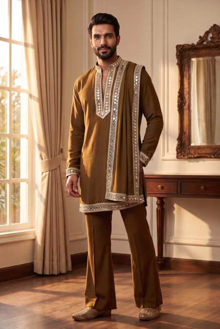 Mustard Outluk Wedding Vol 53 Heavy Lachaka Mens Kurta Pajama With Dupatta W5301
